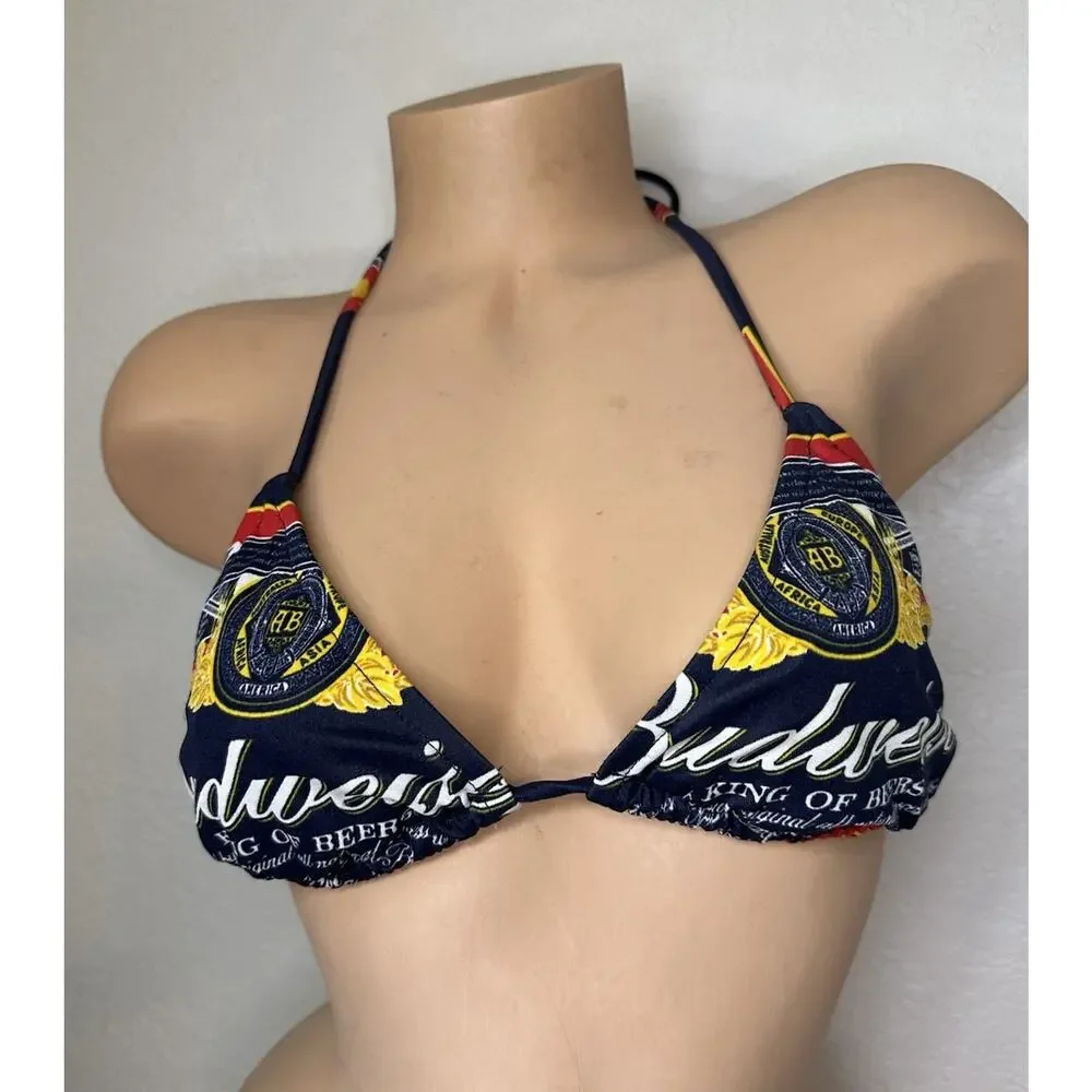 Vintage Budweiser Triangle String Bikini Top Only King Of Beer Bud Navy Swim - Picture 1 of 13